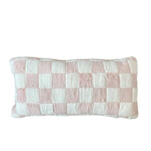 Checkered Faux Fur Decorative Lumbar Pillow 34x15 Plush Pastel Pink & White NEW